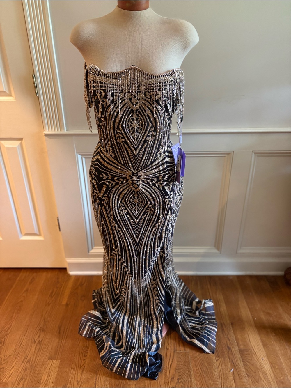 Off-Shoulder Black and Gold Formal Gown